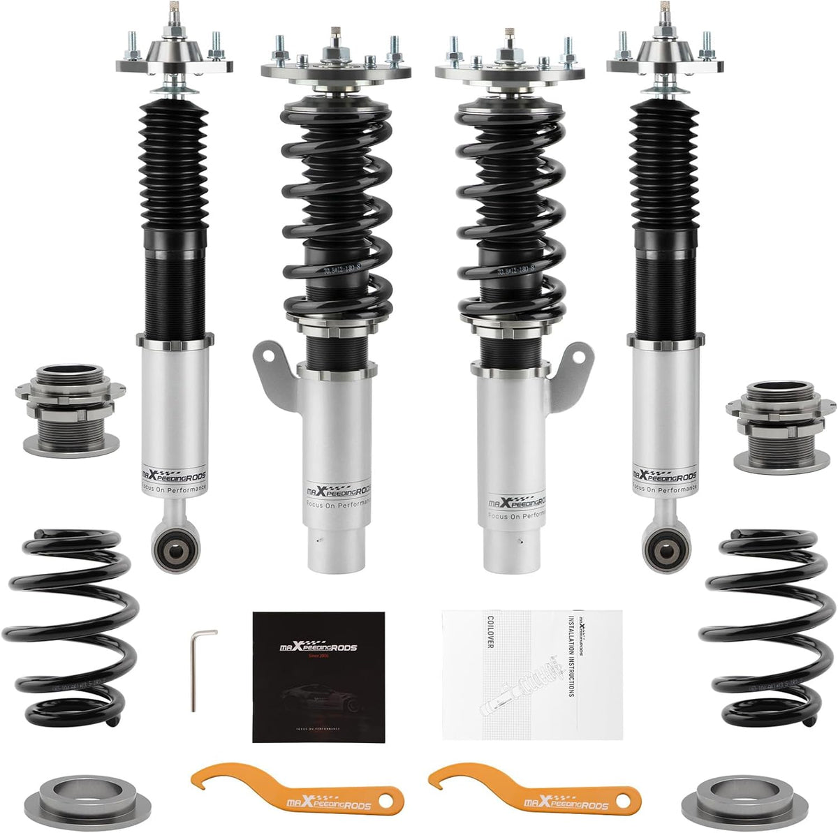 maXpeedingrods Amortiguadores roscados con 24 niveles de ajuste para BMW E46 sedán 98-05 cupé
