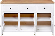 vidaXL Aparador de madera maciza de pino de Panamá con 3 cajones y 3 puertas, cómoda, mueble auxiliar, armario multiusos, alacena, blanco, 135x40x80 cm