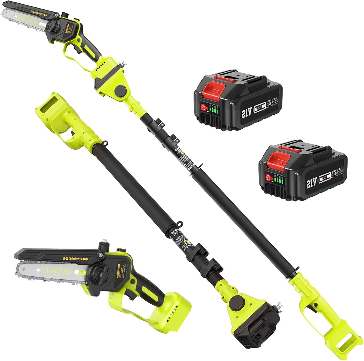 Podadora de altura inalámbrica, mini motosierra a batería de 6 pulgadas y 8000 mAh con motor sin escobillas, podadora eléctrica 2 en 1, extensión de hasta 4,8 m, para ramas y jardín