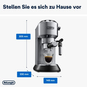De'Longhi Dedica Style EC 685.M – Cafetera espresso de bomba tradicional, con espumador de leche profesional, solo 15 cm de ancho, para café molido o monodosis ESE, depósito de 1 l, plata