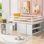 Cama tipo loft de tamaño matrimonial con escritorio retráctil y 3 cajones