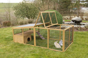 Parque exterior Kerbl con protección contra fugas (distancia entre barrotes de 2,5 cm, recinto cubierto, con techo de plástico, incluye caseta para animales pequeños + plataforma de observación) 81708