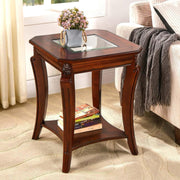 Mesa auxiliar cuadrada de alta gama con tablero de cristal templado, mesa auxiliar estilo granja con estante, mesa esquinera de salón con patas de madera tallada, 60.5 cm de altura, color cerezo CJZ-A1168-GT