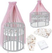 Cuna ovalada evolutiva Waldin, set completo 7 en 1, cuna de barrotes, cama infantil con colchón, cambiador, cuna colecho, madera blanca