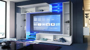 Mueble de salón Vladon Mirage, fabricado en Alemania, mueble mural con panel trasero, 2 puertas, 2 puertas abatibles y 6 estantes de cristal abiertos, blanco mate/crema de alto brillo (262 x 183 x 39 cm)