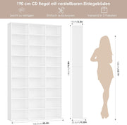 Estantería para libros FirFurd de 190 cm, estante para CD con 27 compartimentos, soporte para CD ajustable en altura, estantería de pie, separador de ambientes para sala de estar, estudio, blanco