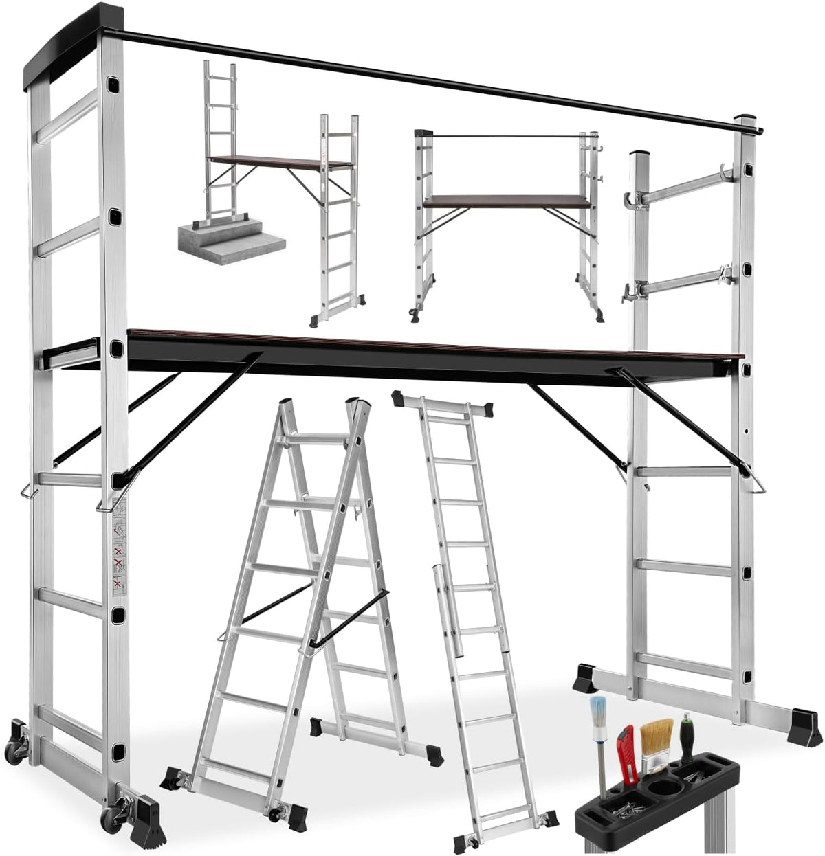 tectake® Escalera multifunción 3 en 1, andamio rodante de acero, plataforma de trabajo antideslizante, escalera telescópica, escalera plegable, escalera de mano, bricolaje, pintura, techado