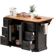 Isla de cocina extensible con alas abatibles, carrito de cocina sobre 4 ruedas con toma de corriente, mesa isla móvil con 2 puertas y 6 cajones