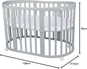 Cuna ovalada evolutiva Waldin, set completo 7 en 1, cuna de barrotes, cama infantil con colchón, cambiador, cuna colecho, madera blanca