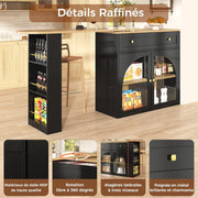 Mesa de bar extensible KOMHTOM, bar de cocina con espacio de almacenamiento, aparador con estantes, vitrina y cajón, mesa de comedor giratoria con armario de almacenamiento (negro)