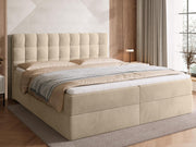 Cama boxspring BROMARKT con colchón Bonell y arcón, cama de matrimonio con topper 180x200cm, grado de firmeza H3, cama para dormitorio con cabecero tapizado, Detroit beige
