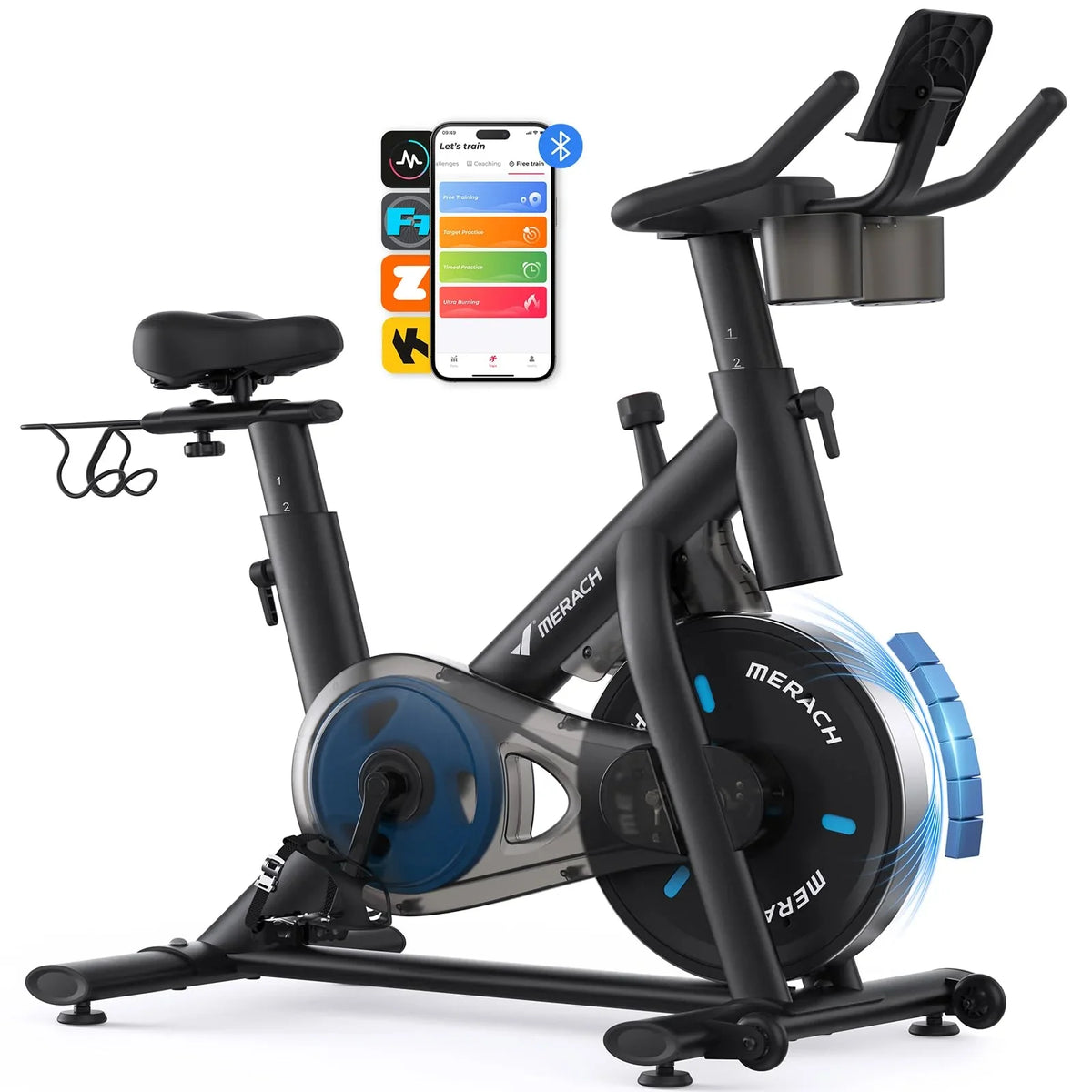Bicicleta estática silenciosa MERACH con resistencia ajustable, monitor LED, soporte para tableta y aplicación, para el hogar, hasta 136 kg