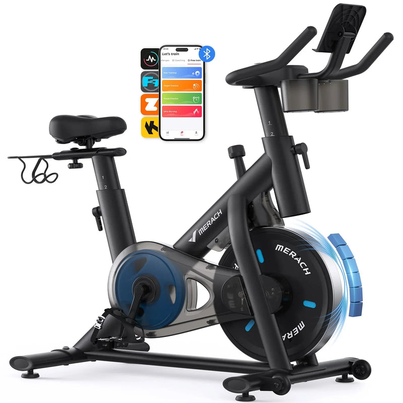 Bicicleta estática silenciosa MERACH con resistencia ajustable, monitor LED, soporte para tableta y aplicación, para el hogar, hasta 136 kg