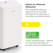 Acondicionador de aire móvil Bosch Cool 4000 - 3 en 1: aire acondicionado, deshumidificador, ventilador - 2,6 kW para habitaciones de hasta 35 m² - Con modo automático, modo silencioso y modo de suspensión