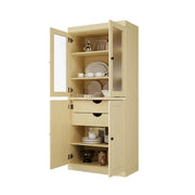 Alacena de madera maciza 100% con puertas de vidrio esmerilado, puertas sólidas, 2 cajones y estantes ajustables