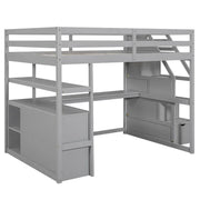 Cama alta de tamaño matrimonial con escritorio y estantes, dos cajones integrados, escalera con almacenamiento, gris