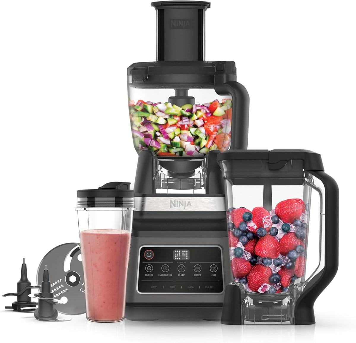 Procesador de alimentos y licuadora 3 en 1 Ninja con 5 programas: Mezclar, Mezcla máxima, Picar, Licuar, Triturar, recipiente de 1,8 L, jarra de 2,1 L, vaso de 700 ml, 1200 W, apto para lavavajillas, Auto-iQ, negro BN800EU