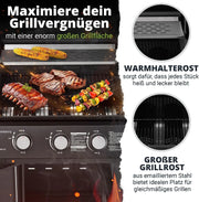 Barbacoa de gas con carro Louisiana, 3 quemadores, 8,1 kW, con tapa, termómetro, rejilla para mantener caliente, parrilla y funda protectora