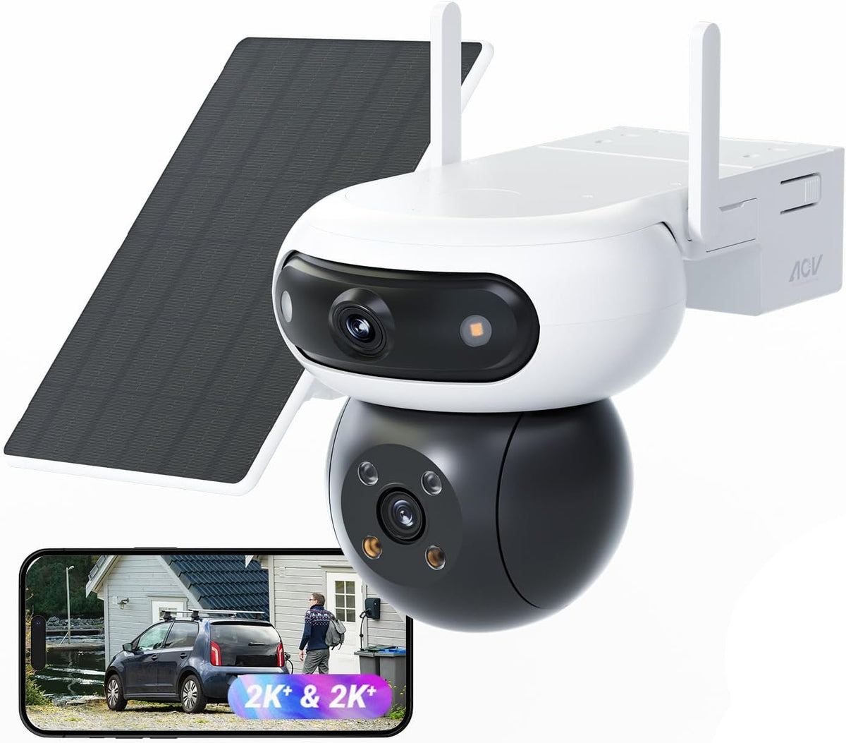 Cámara de vigilancia WiFi exterior inalámbrica EZVIZ 8MP (4MP+4MP) con doble objetivo motorizado, cámara exterior solar, modo siempre encendido, detección de personas/vehículos, CB90 Dual + panel solar de 8W