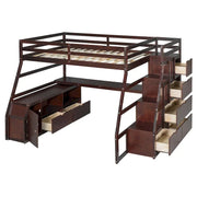 Cama alta de pino macizo con escritorio y almacenamiento