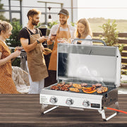 Onlyfire Parrilla de gas portátil de 3 quemadores | Parrilla de mesa con rejilla | 7 kW | Superficie de cocción 56,5 × 34 cm | con termómetro, tapa | Patas plegables | Parrilla de camping para terraza, balcón y jardín