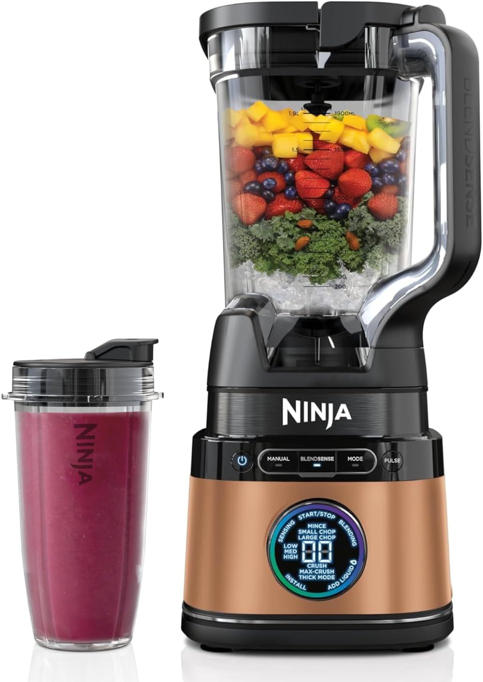 Ninja Detect Power Blender Pro y procesador de alimentos 2 en 1, licuadora de 1200 W con jarra de 2 L, 1 vaso individual, licuadora para batidos y bebidas heladas, picadora de verduras, negro y cobre, TB301EUCP