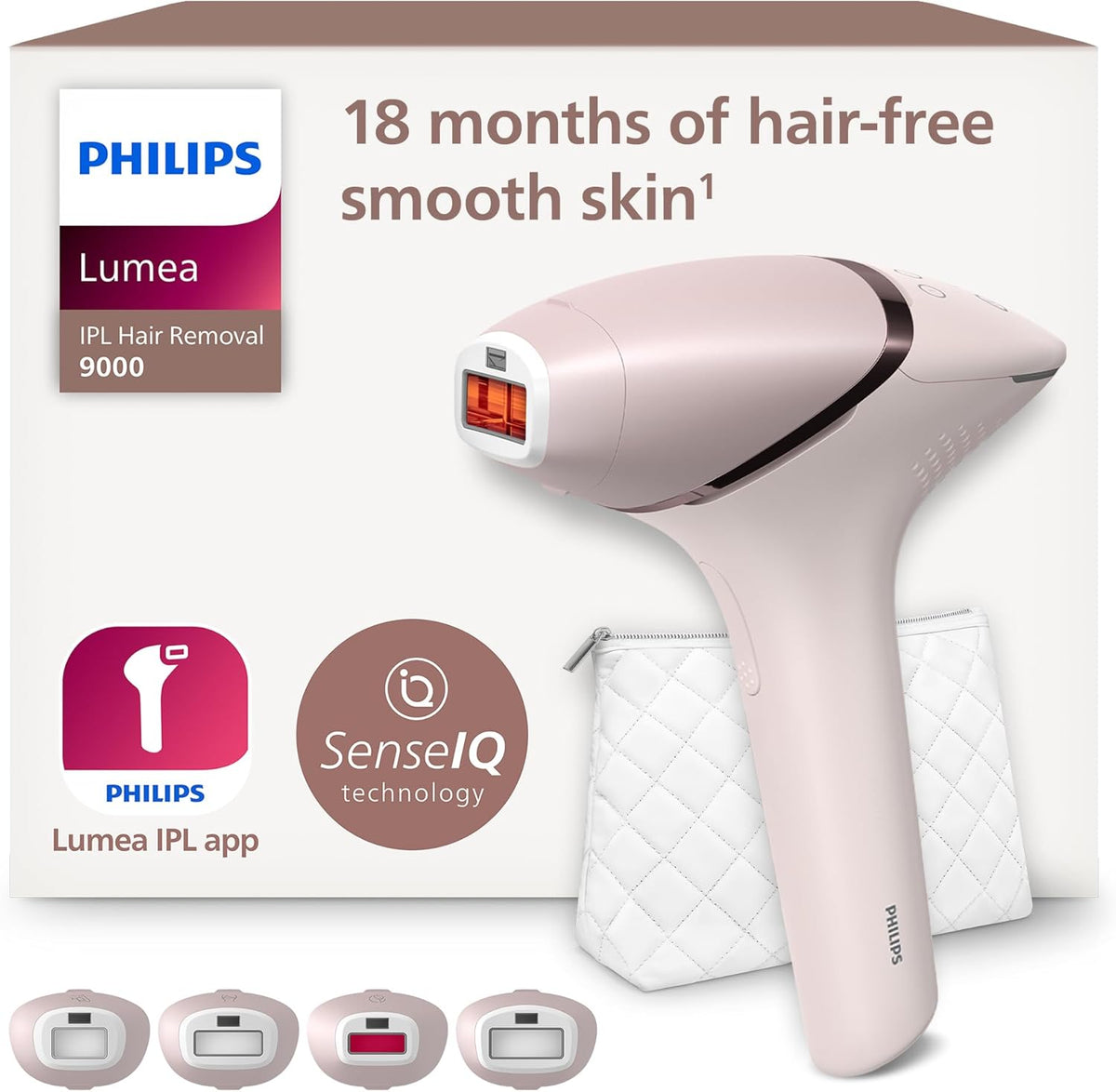 Dispositivo de depilación IPL Philips Lumea Serie 9000 – Dispositivo de depilación con tecnología SenseIQ, 4 accesorios para cuerpo, rostro, zona del bikini y axilas, inalámbrico (Modelo BRI957/00)