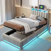 Cama abatible 90x200 cm con LED y puertos USB, cabecero con almacenamiento, cama individual con somier de láminas, fácil de montar, para adultos y adolescentes, terciopelo (gris, 90x200 cm)