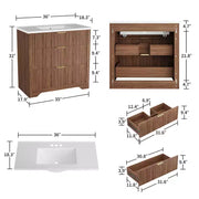 Conjunto de tocador de baño moderno estriado con lavabo de cerámica integrado, mueble de baño independiente con 3 cajones para baño contemporáneo