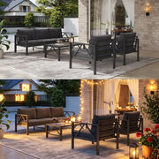 Conjunto de muebles de jardín de aluminio OMERAI de 5 piezas, incluye funda protectora impermeable para 7 personas, salón de jardín exterior con sofá, sillones y mesa, conjunto de jardín para jardín, terraza y balcón, gris oscuro