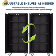 Gabinete de almacenamiento para garaje con ruedas y tablero perforado, armario de metal con cerradura de 72" de altura, 2 puertas y 4 estantes ajustables para taller de garaje