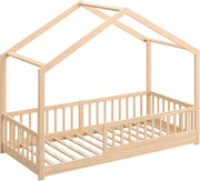 Cama infantil CADANI Malte 90x200 cm – Cama casita con barrera de seguridad extraíble, capacidad de carga de hasta 200 kg, somier de láminas enrollable, cama Montessori a ras de suelo de madera maciza de pino, natural
