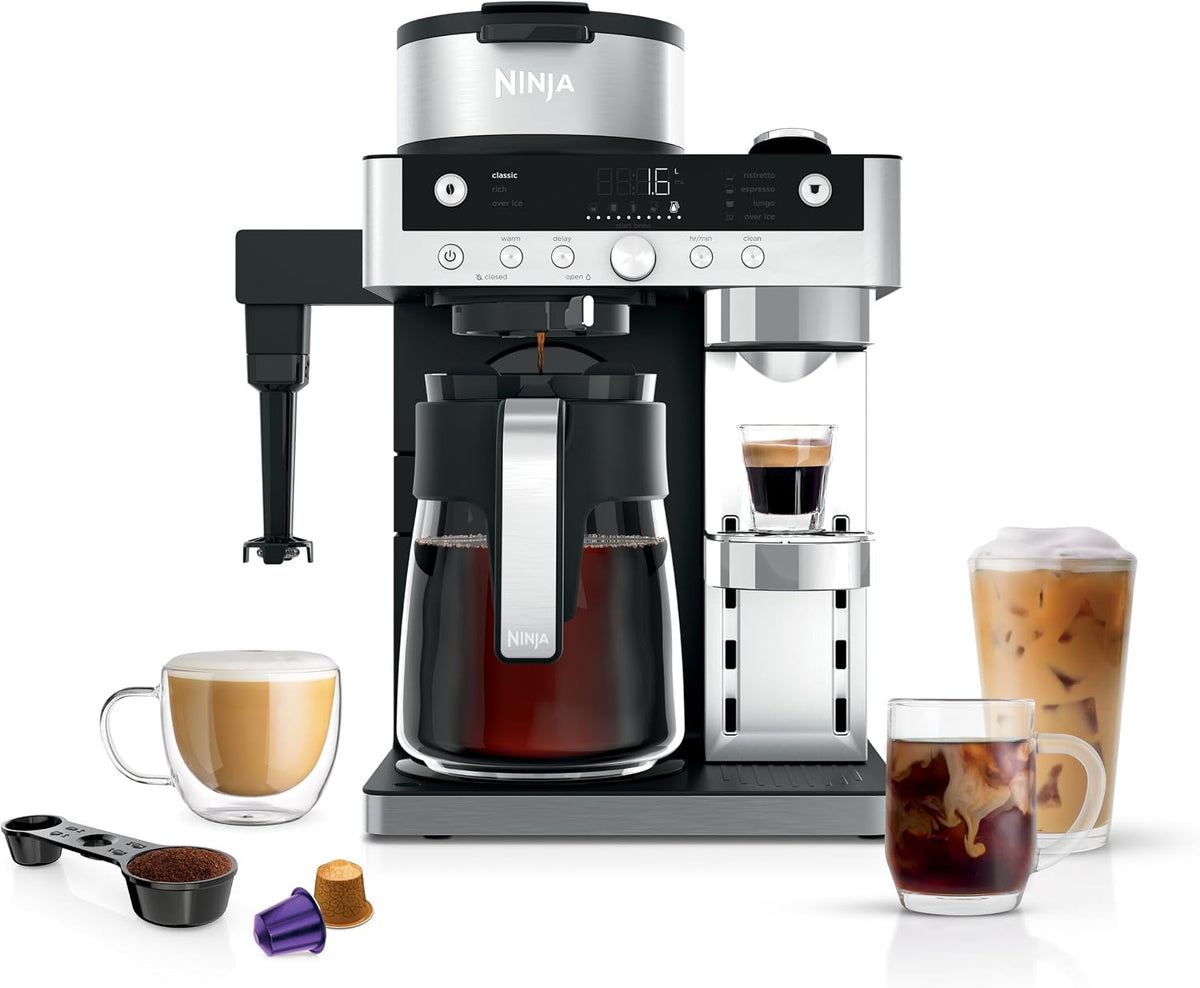 Cafetera de goteo y cápsulas Ninja Prestige 2 en 1 con espumador de leche integrado, para latte, café helado y flat white, negro CFN802EU