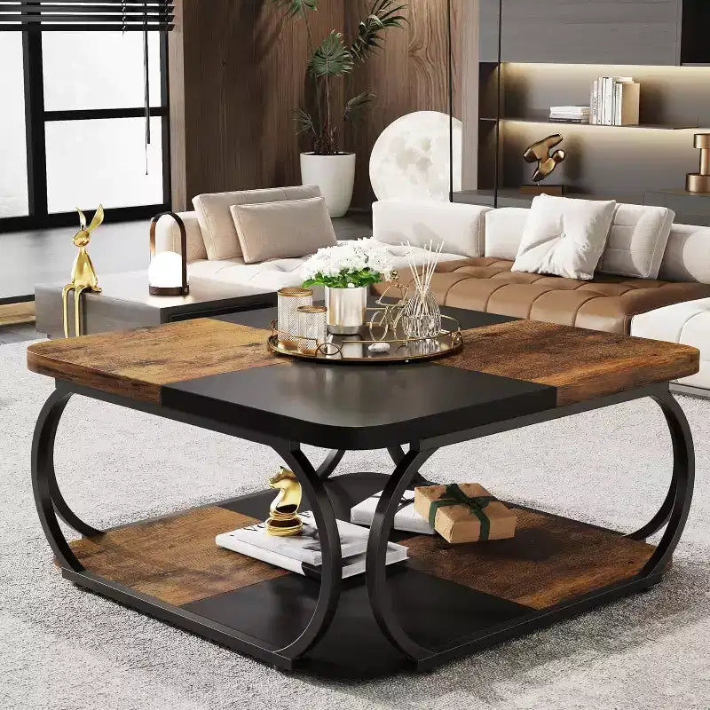 Mesa de centro cuadrada Lantine de 40 pulgadas con 2 niveles, mesa baja estilo granja con estante de almacenamiento para sala de estar, color negro y marrón rústico