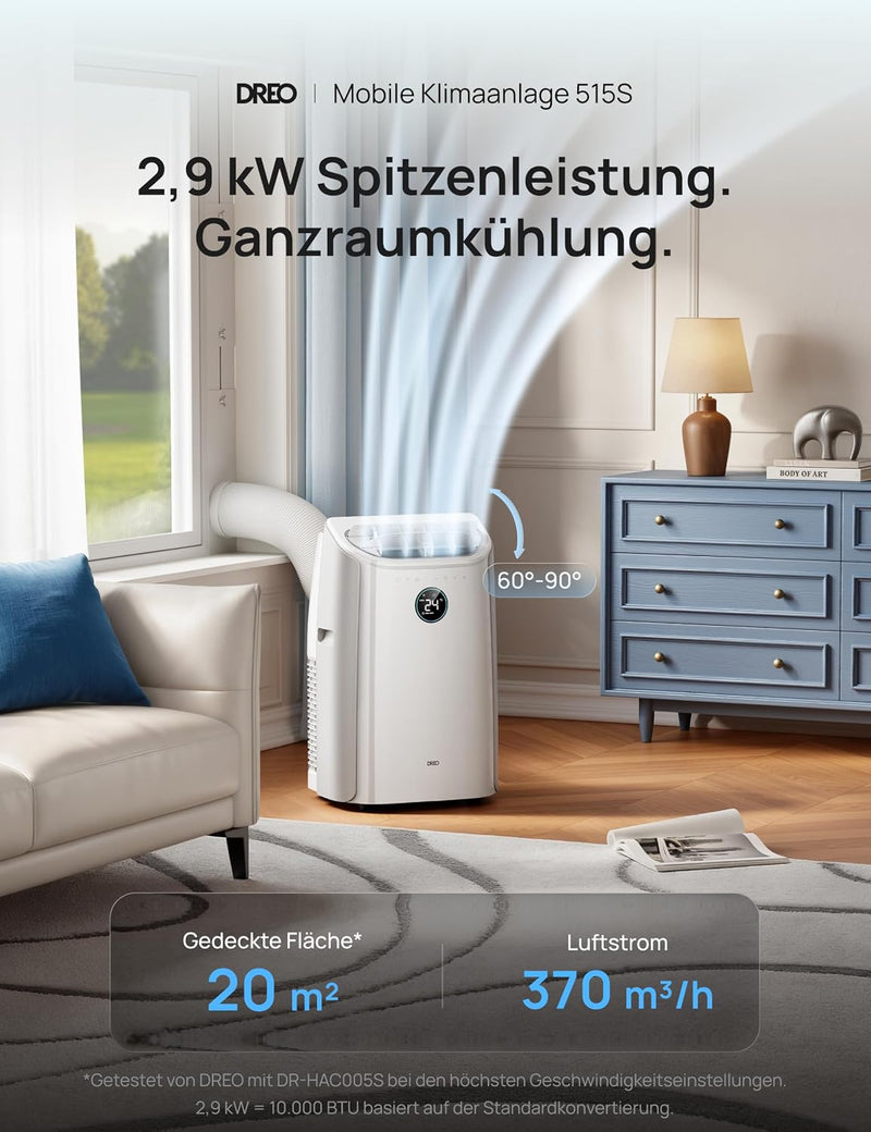 Aire acondicionado portátil DREO, 10.000 BTU para dormitorio, 3 en 1: refrigeración/ventilación/deshumidificación, enfriamiento sin drenaje, control por aplicación/voz/mando a distancia, temporizador de 24 horas, AC515S