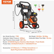 VEVOR Hidrolavadora a gasolina, 3400 PSI, lavadora de alta presión a gas, 10 L/min, con bomba de aluminio, pistola pulverizadora, extensión y 5 boquillas para coche, casa, entrada, vertical