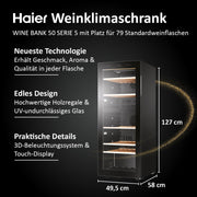 Vinoteca Haier SERIE 5 HWS79GDG I Bodega climatizada para 79 botellas I Nueva tecnología para un almacenamiento óptimo I Vinoteca de 2 zonas, puerta de cristal UV y 5 estantes de madera I Vinoteca de baja vibración