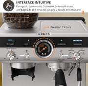 Krups Precision, Máquina de café espresso manual con molinillo, 30 niveles de molienda, 15 bares, boquilla de vapor, 3 temperaturas, interfaz intuitiva, capuchino, XP801T10