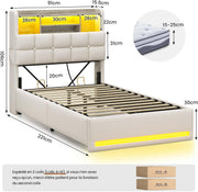 Cama tapizada AOGLLATI 90×200 cm, cama hidráulica con almacenamiento e iluminación LED, cama juvenil con estación de carga, cama individual con cabecero con almacenamiento, tela de lino, sin colchón (beige, 90x200 cm)