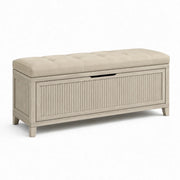 Banco de almacenamiento de madera con tapizado de lino beige