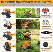 Cortacésped inalámbrico con batería y cepillo para malas hierbas 4 en 1, desbrozadora con cepillo para malas hierbas, desbrozadora sin escobillas de 21 V, cortacésped eléctrico con 2 baterías de 4.0 Ah, cargador, telescópico, ajustable, naranja