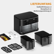 Freidora de aire de 11L, 2 compartimentos, freidora sin aceite 10 en 1 con pantalla táctil digital, ajustable de 30°C a 200°C, 90% menos de grasa, fácil limpieza