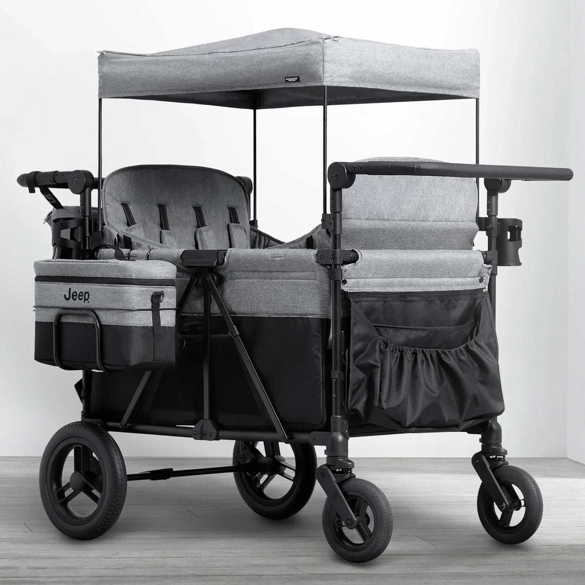 Jeep Wrangler Deluxe Stroller Wagon for 4 Kids – Removable Canopy, Cooler Bag, Modular Seats, XXL Storage, All-Terrain Tires, Adjustable Handlebars