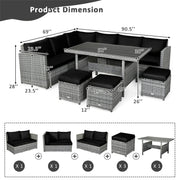 Conjunto de muebles de comedor para patio de 7 piezas de ratán con sofá seccional, mesa de comedor, otomanas y cojines