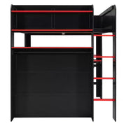 Cama alta de tamaño completo Luxystar con escritorio ajustable iluminado, armario abierto y estantería