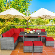 Conjunto de muebles de comedor para patio de 7 piezas de ratán con sofá seccional, mesa de comedor, otomanas y cojines