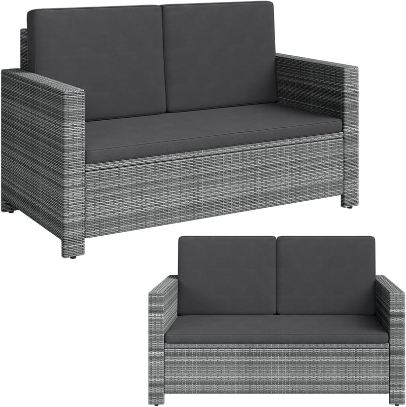 STEELSØN Elnath Sofá de jardín de 2 plazas – Salón de jardín de ratán gris/antracita – Cama lounge para balcón/jardín/terraza – sofá pequeño que ahorra espacio – Set de sofá para exterior con cojines – Muebles de balcón resistentes a la intemperie