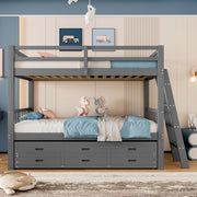 Ymkua Cama litera para niños 90x200 cm con almacenamiento, cama alta con escalera y cama nido, cama juvenil estructura con 3 cajones, cama de madera con protección anticaídas y somier, sin colchón (Gris)