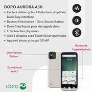 Doro - Teléfono Aurora A30 - Teléfono móvil para personas mayores - Fácil de usar - Botón de asistencia con ubicación GPS - Compatible con audífonos - Cable USB incluido - Grafito