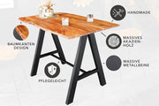 Mesa de bar de madera maciza Riess Ambiente Mammut 120 cm, acacia natural con borde vivo, metal negro con reposapiés, mesa de cocina, mostrador de cocina, mesa alta rectangular